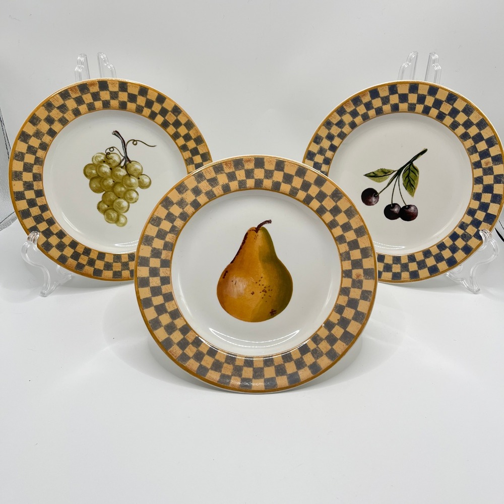 Block Country Orchard Gear Fruit Salad Dessert Plates Set 3 Grapes Pear Cherries